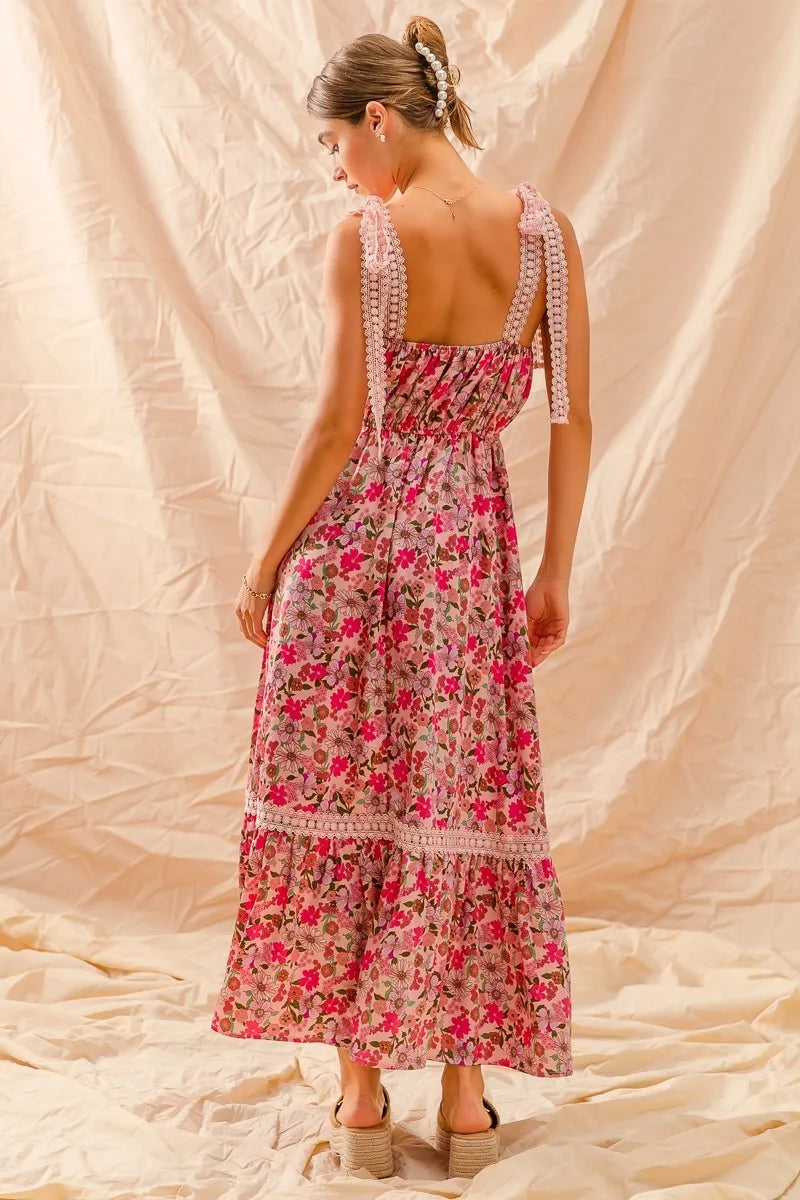 SO ME Floral Maxi Dress With Ribbon Tie Lace Strap - Sydney So Sweet