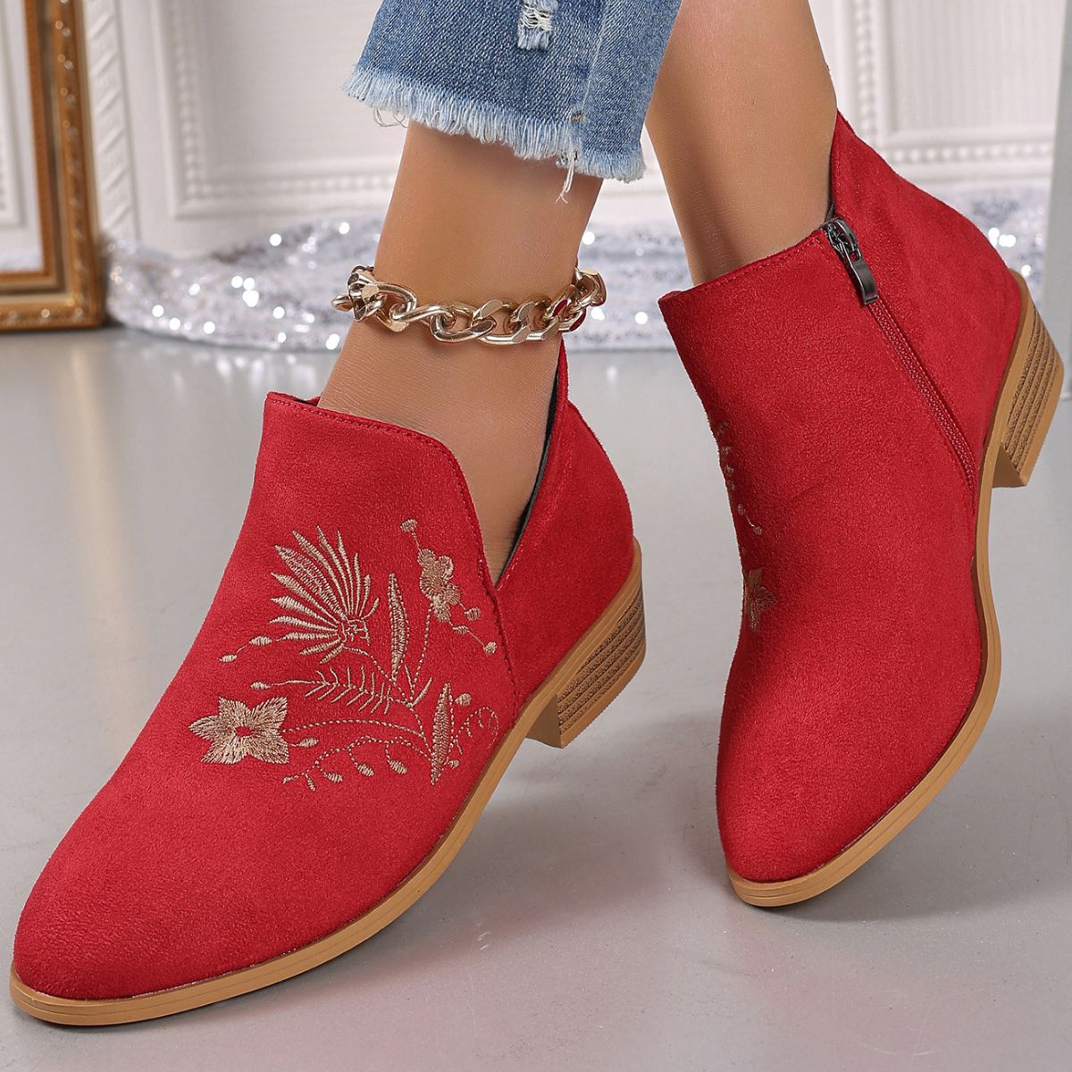 Embroidered Suede Point Toe Block Heel Boots - Sydney So Sweet