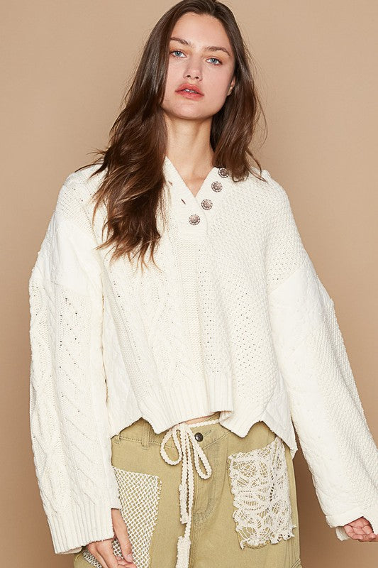 POL Cable-Knit Quarter Button Hooded Sweater - Sydney So Sweet