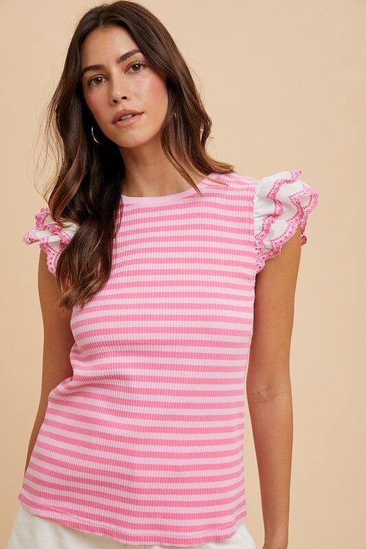 Annie Wear Ruffled Striped Round Neck Cap Sleeve Knit Top - Sydney So Sweet
