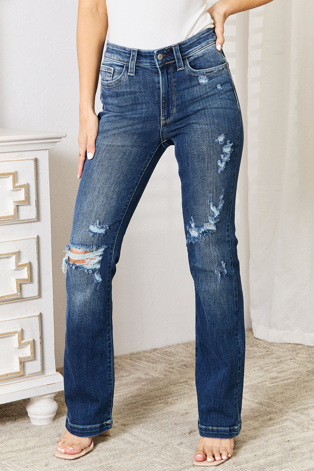 Judy Blue Full Size Mid Rise Hand Sand & Destroy Bootcut Jeans - Sydney So Sweet