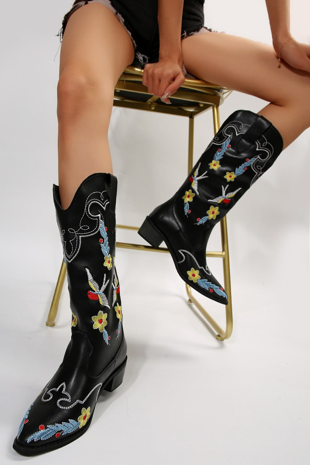 Embroidered Point Toe Block Heel Boots - Sydney So Sweet