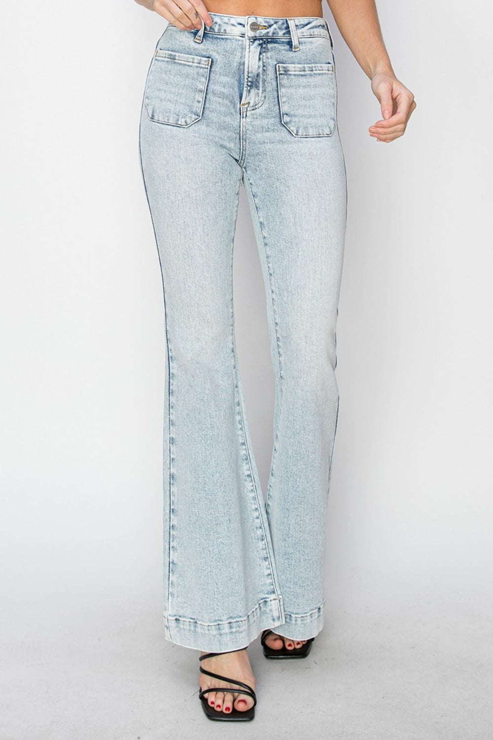 Risen Full Size High Rise Front Patch Pocket Flare Jeans - Sydney So Sweet