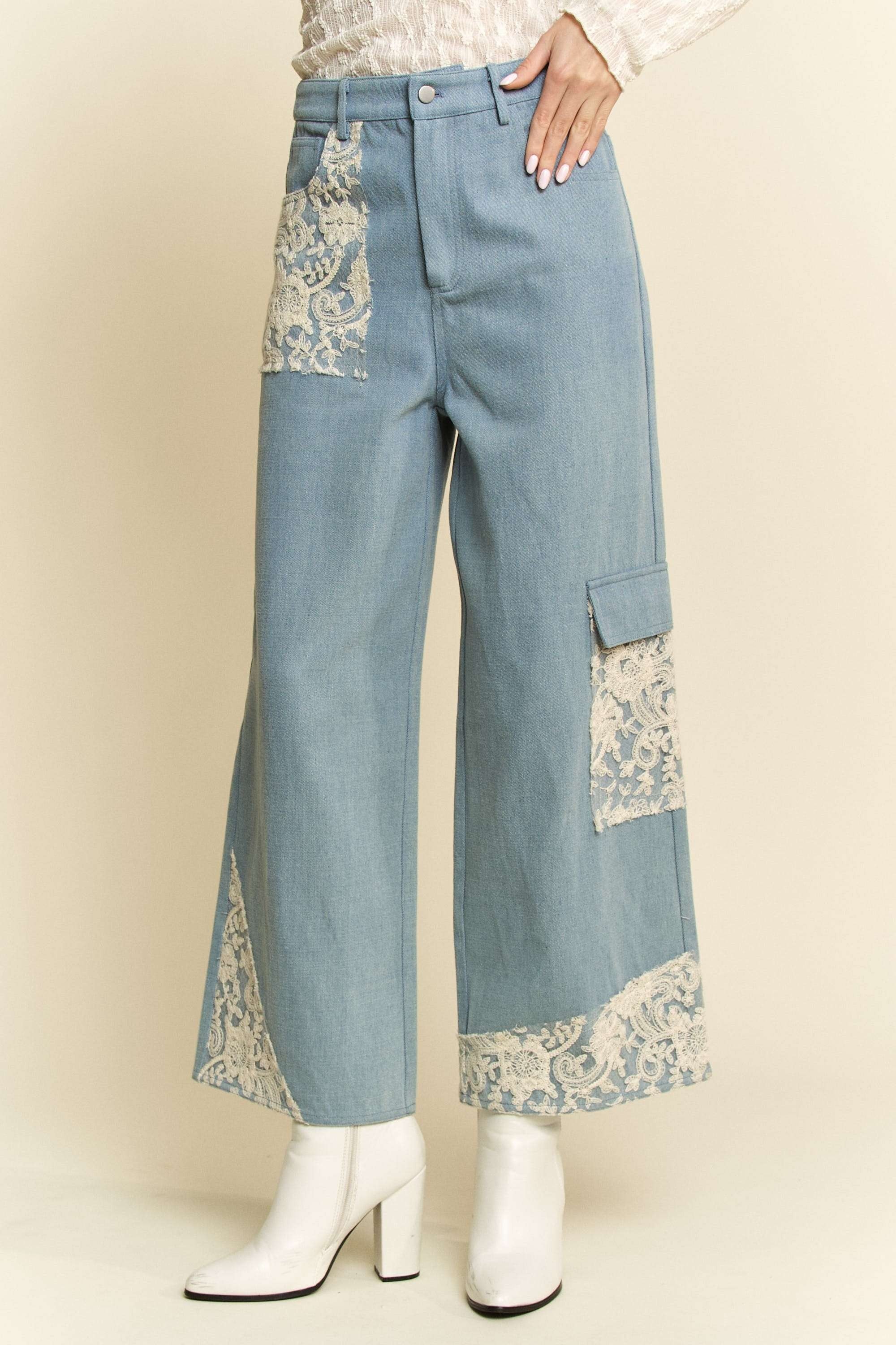 Davi & Dani Lace Applique Wide Leg Jeans - Sydney So Sweet