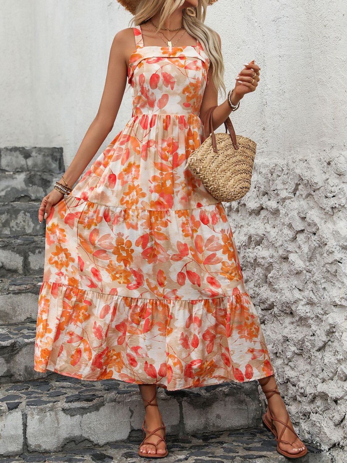 Crisscross Printed Square Neck Midi Dress - Sydney So Sweet