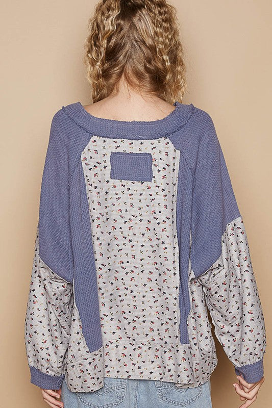 POL Waffle Knit Floral Notched Long Sleeve Top - Sydney So Sweet