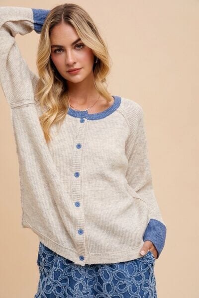Annie Wear Contrast Trim Button Down Raglan Sleeve Cardigan - Sydney So Sweet