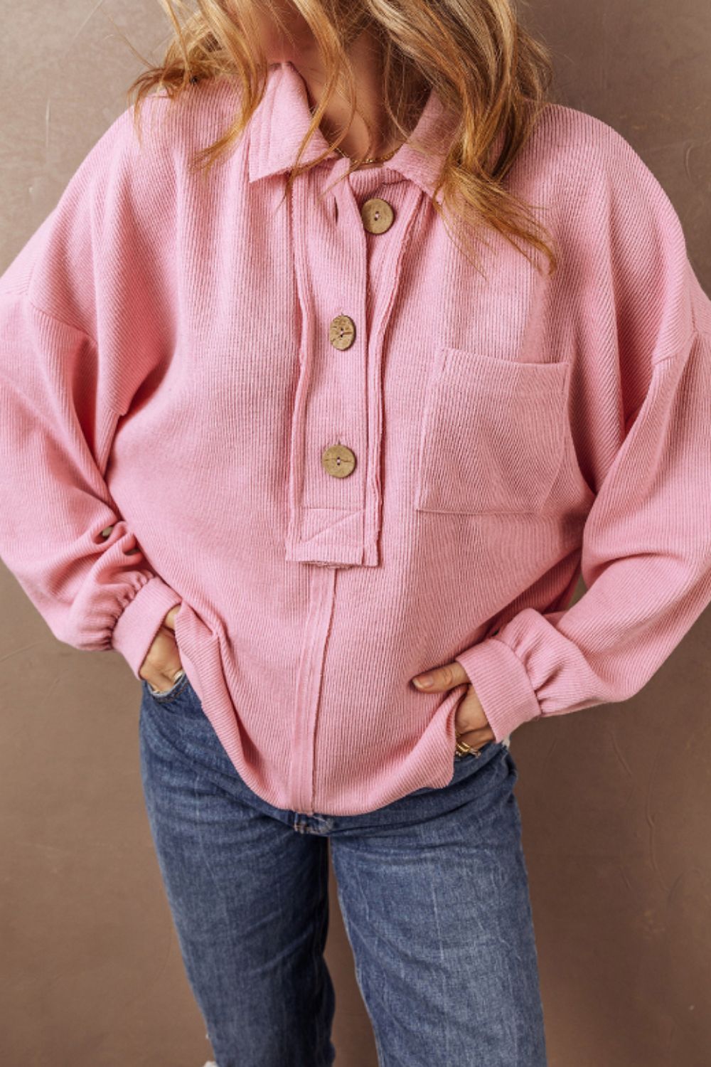 Pocketed Half Button Long Sleeve Sweatshirt Top - Sydney So Sweet