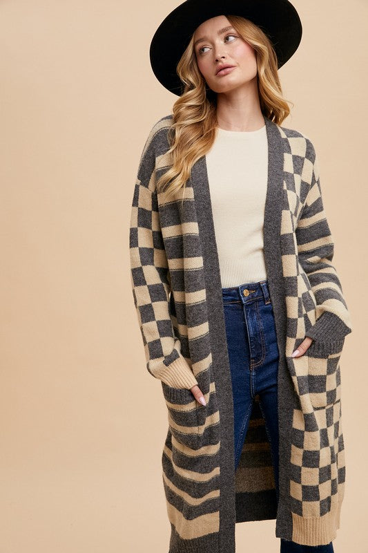 Annie Wear Checkered & Striped Open Front Long Sleeve Cardigan - Sydney So Sweet