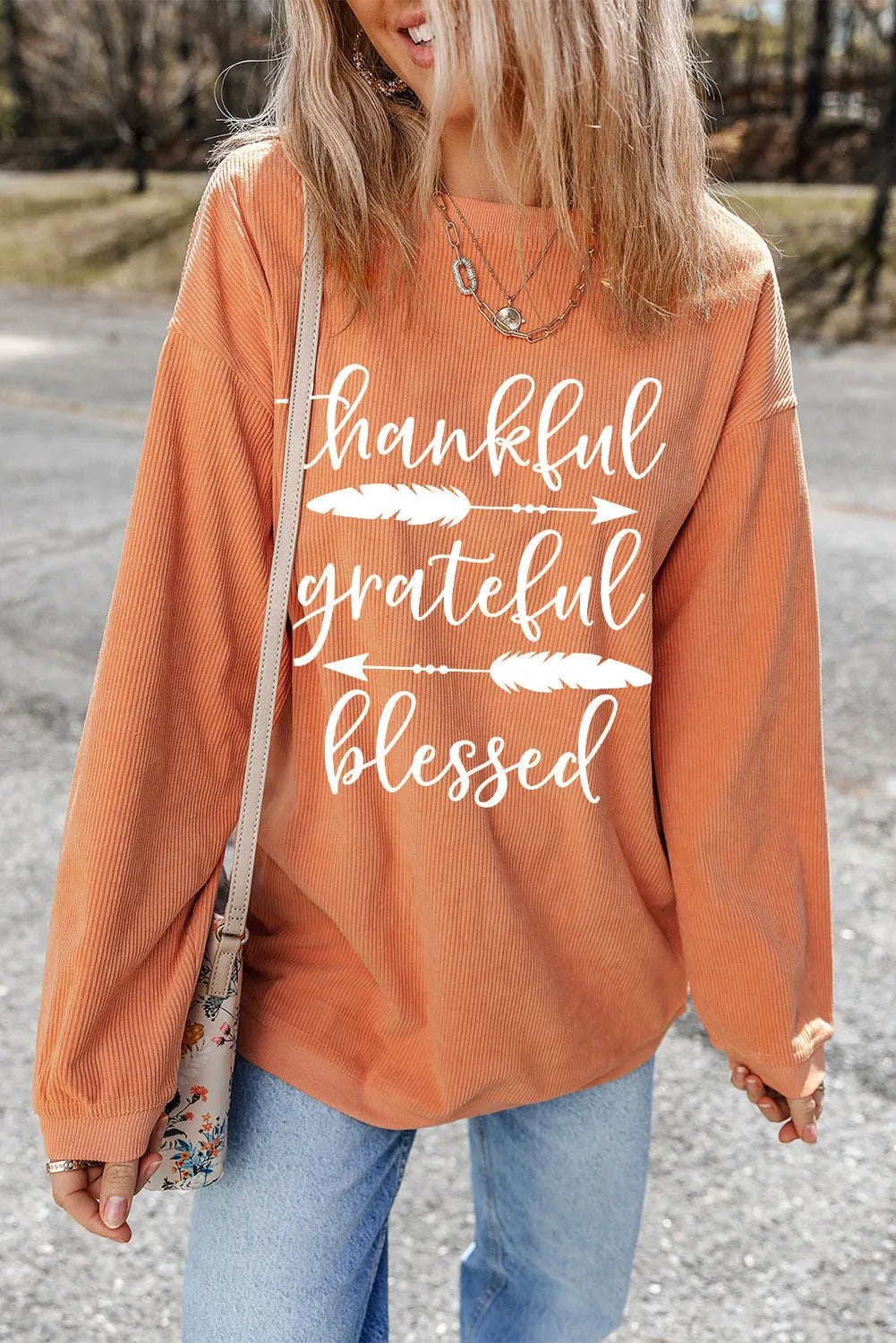 Thankful Grateful Blessed Women&#39;s Graphic Long Sleeve Sweatshirt - Sydney So Sweet