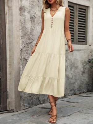 Decorative Button Notched Sleeveless Dress - Sydney So Sweet