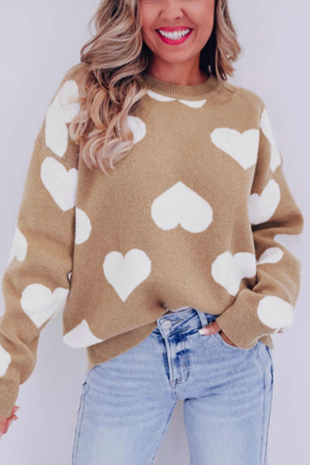 Heart Round Neck Long Sleeve Sweater - Sydney So Sweet