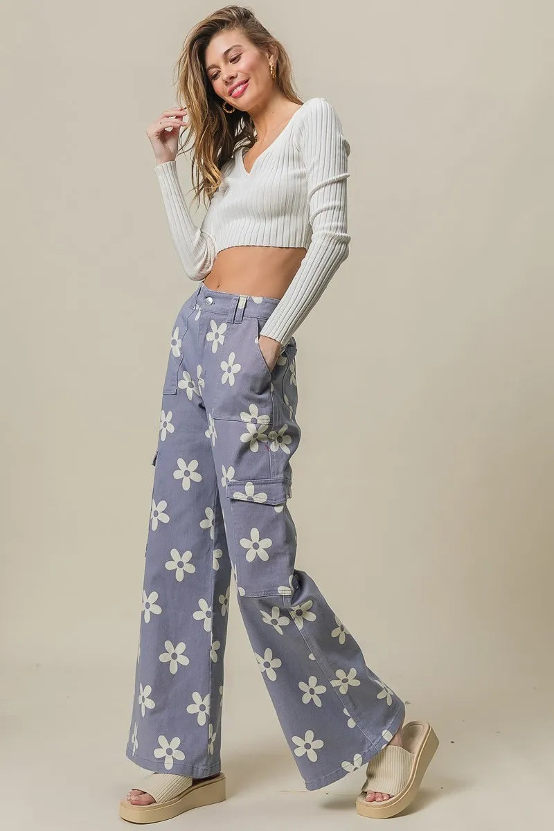 BiBi Flower Printed Side Pocket Wide Pants - Sydney So Sweet