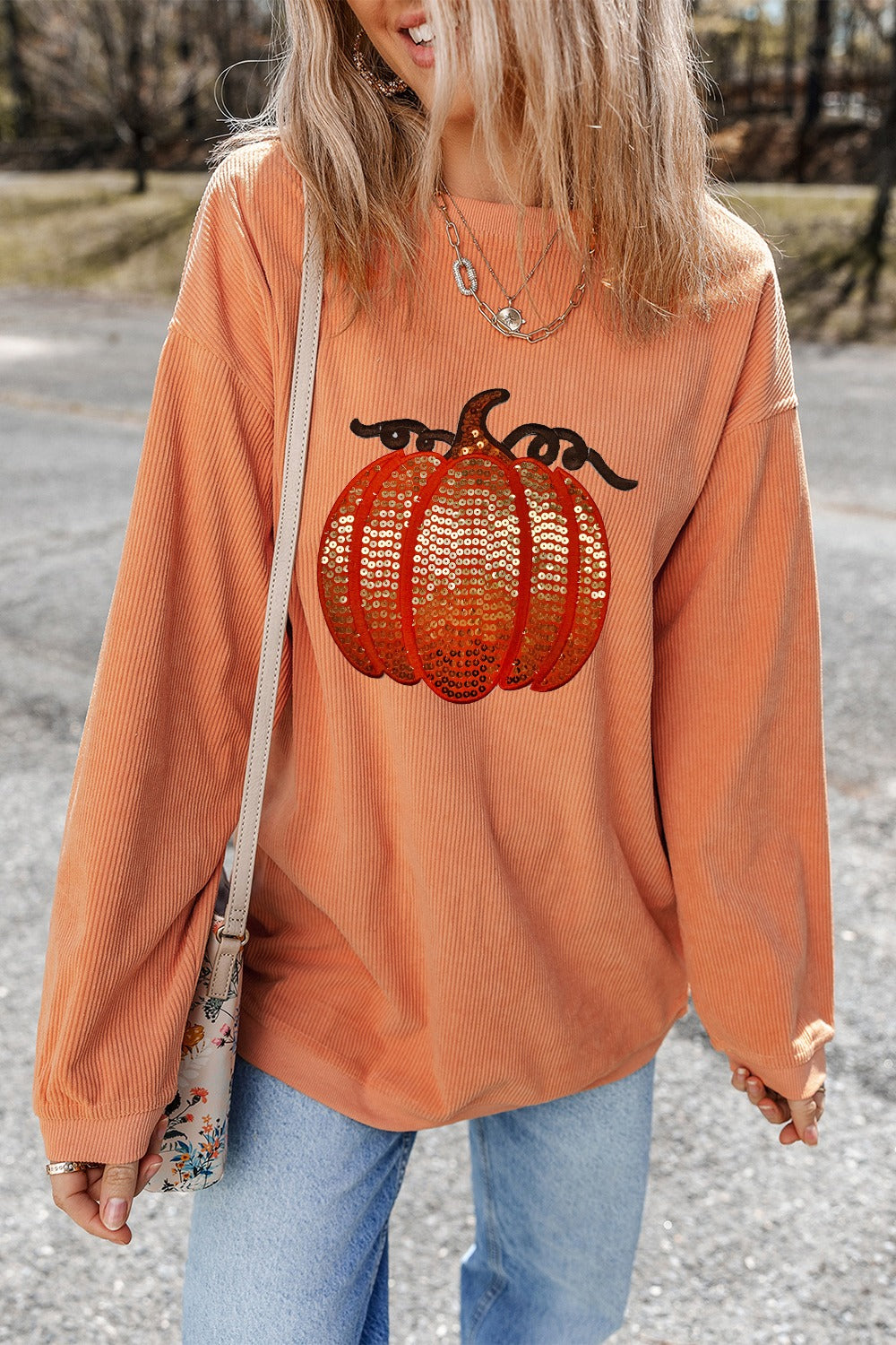 Sequin Pumpkin Round Neck Long Sleeve Sweatshirt - Sydney So Sweet