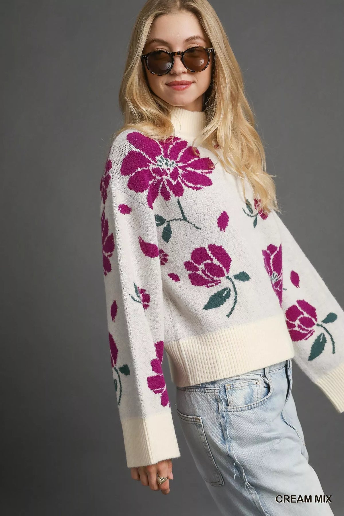 Umgee Floral Patterned Mock Neck Sweater - Sydney So Sweet