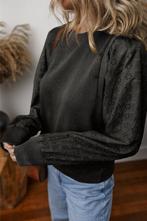 Eyelet Round Neck Long Sleeve Sweatshirt - Sydney So Sweet