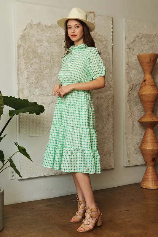 Davi & Dani Checkered Puff Sleeve Tiered Shirt Dress - Sydney So Sweet