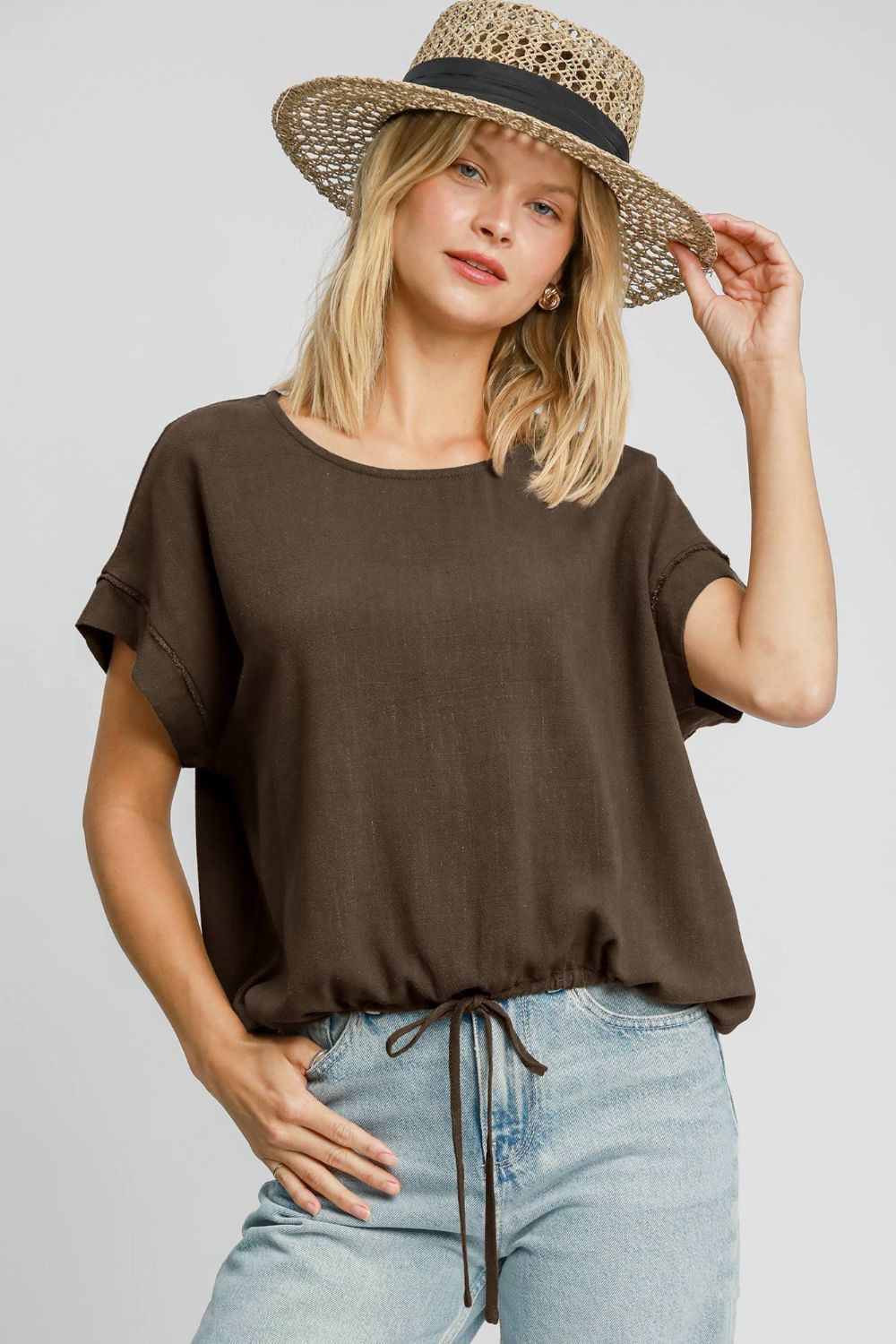 Umgee Drawstring Hem Round Neck Short Sleeve T-Shirt - Sydney So Sweet