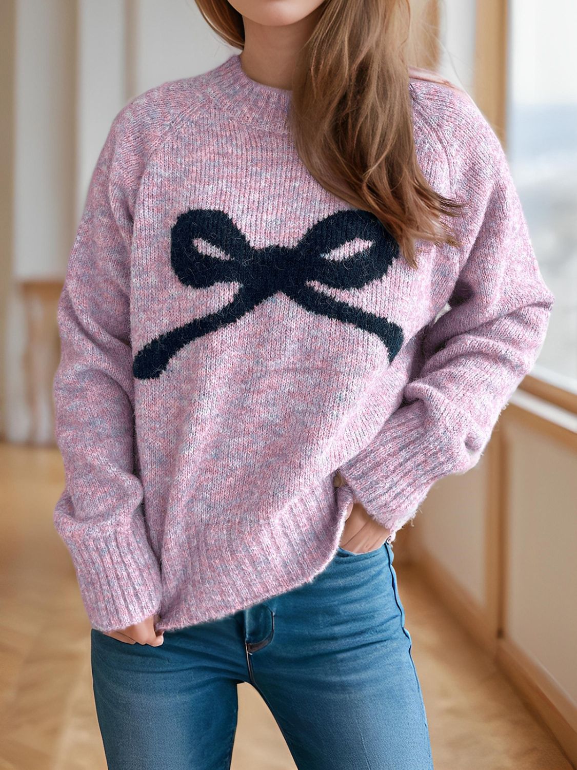 Bow Round Neck Long Sleeve Sweater - Sydney So Sweet