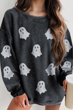 Glitter Ghost Round Neck Long Sleeve Sweatshirt - Sydney So Sweet