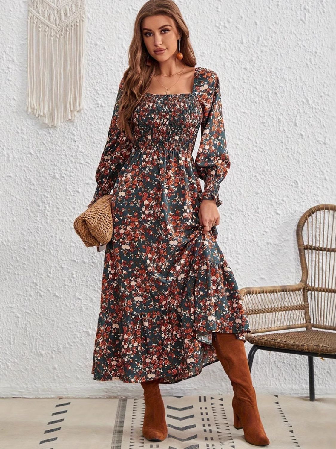 Smocked Floral Square Neck Long Sleeve Dress - Sydney So Sweet