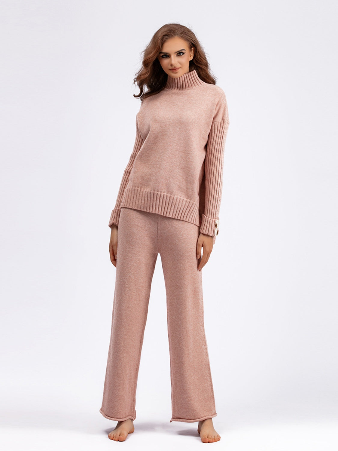 Basic Bae High- Low Turtleneck Long Sleeve Top and Pants Sweater Set - Sydney So Sweet