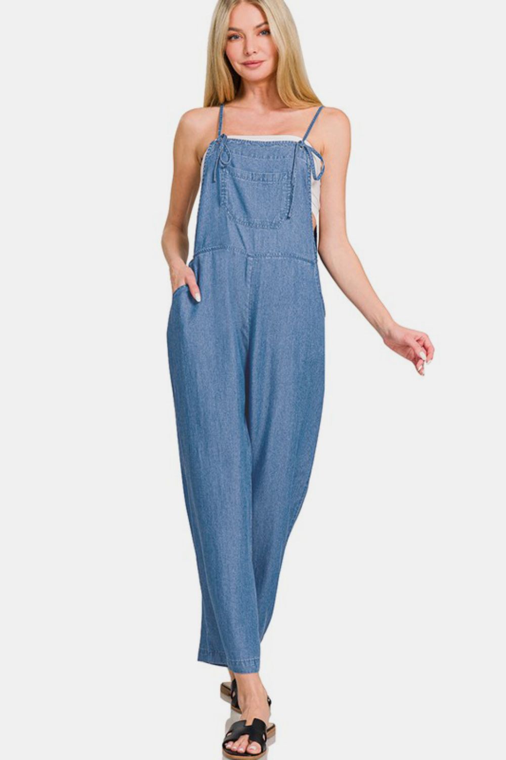 Zenana Washed Adjustable Strap Wide Leg Denim Overalls - Sydney So Sweet