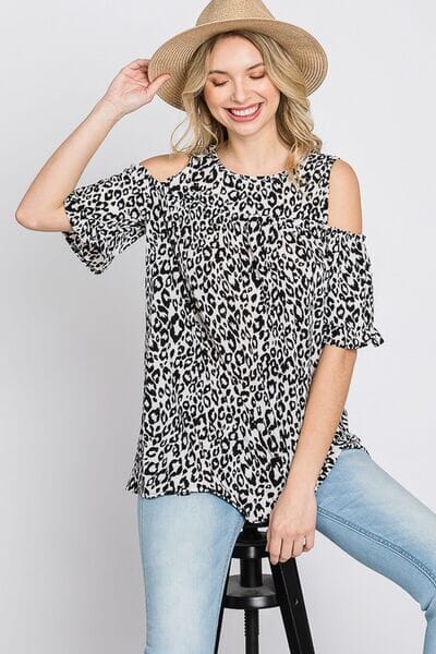 Heimish Full Size Leopard Round Neck Cold Shoulder T-Shirt Plus Size - Sydney So Sweet