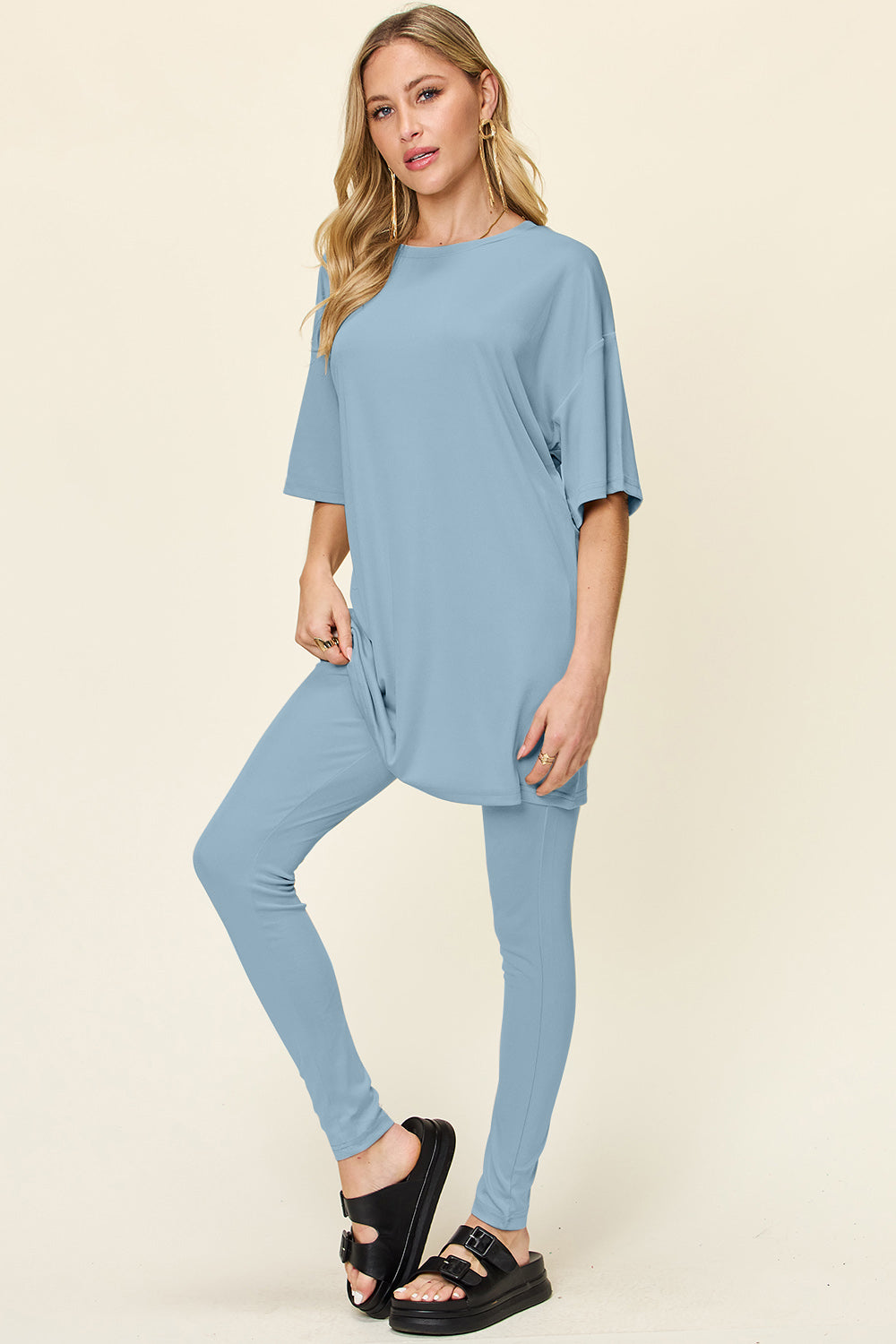 Double Take Full Size Round Neck Dropped Shoulder T-Shirt and Leggings Set - Sydney So Sweet