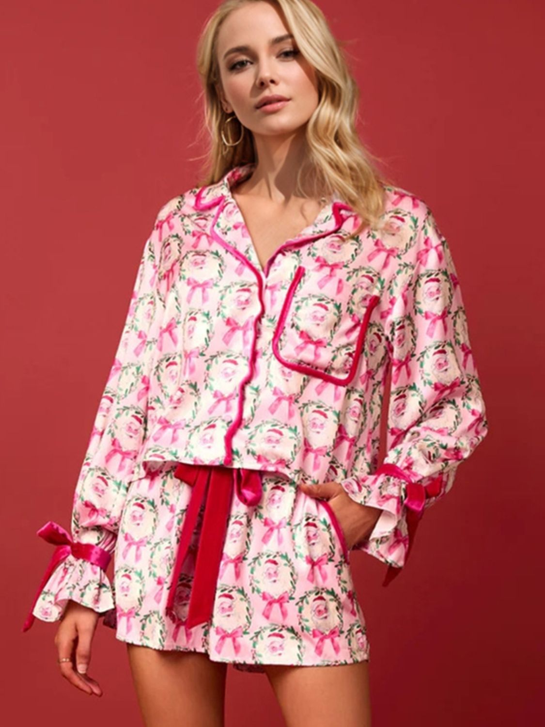 Tied Printed Collared Neck Long Sleeve Top and Shorts Set - Sydney So Sweet