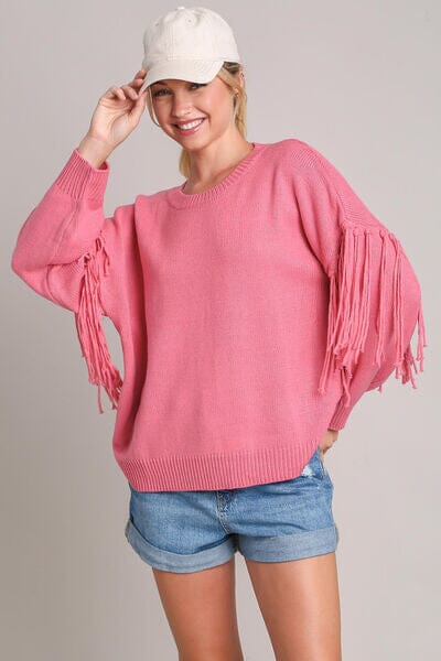Umgee Full Size Fringe Round Neck Long Sleeve Sweater Plus Size - Sydney So Sweet