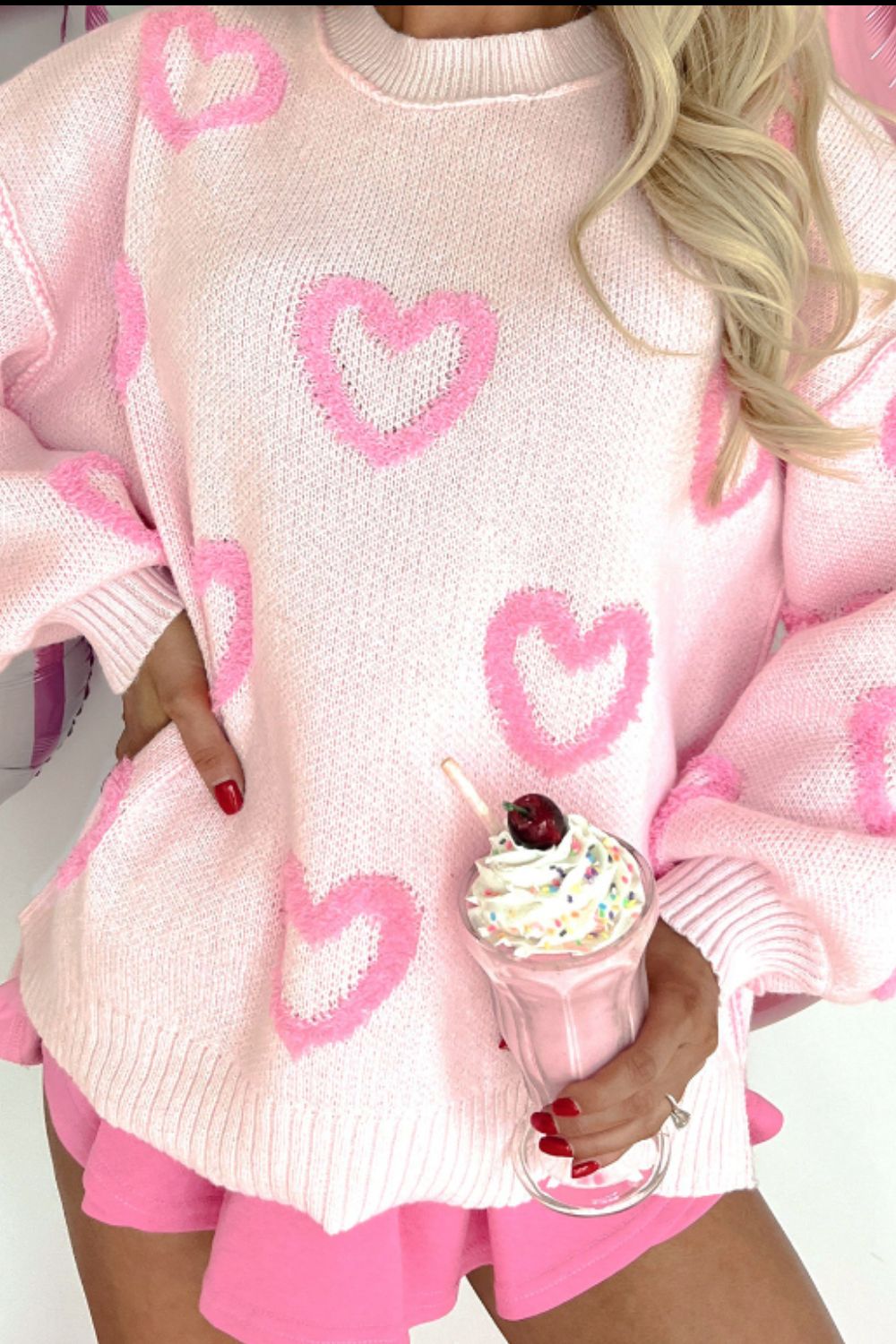 High-Low Heart Round Neck Long Sleeve Sweater - Sydney So Sweet