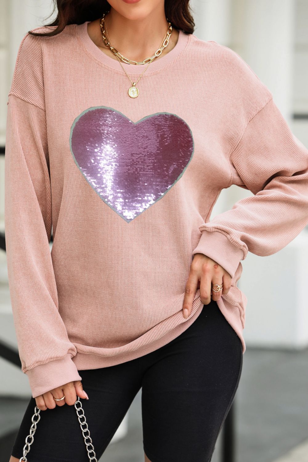 Valentine’s Day Sequin Heart Round Neck Long Sleeve Sweatshirt - Sydney So Sweet