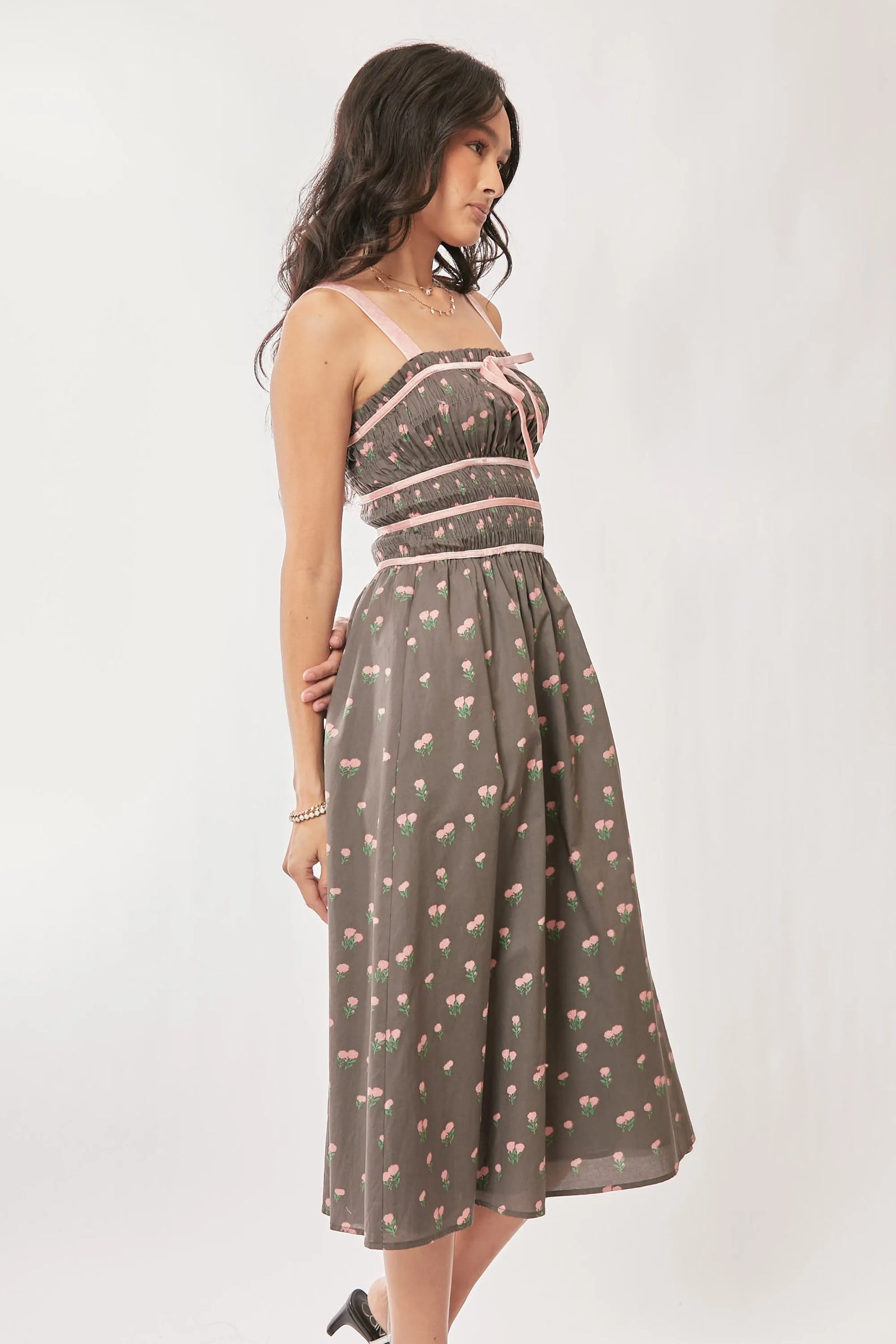 Davi & Dani Contrast Velvet Tape Smocking Bodice Midi Dress - Sydney So Sweet