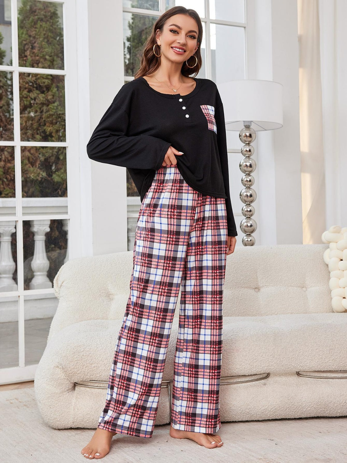 Round Neck Long Sleeve Top and Plaid Pants Lounge Set - Sydney So Sweet