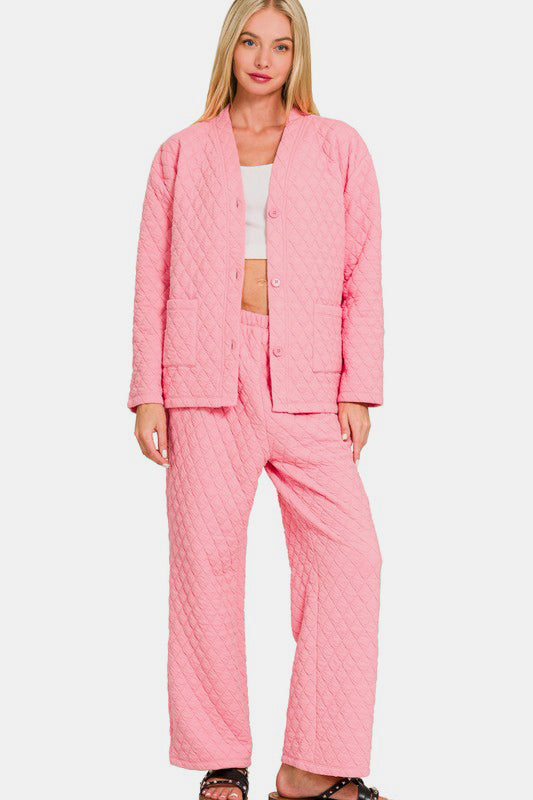 Zenana Quilted Button Up Long Sleeve Top and Pants Lounge Set - Sydney So Sweet