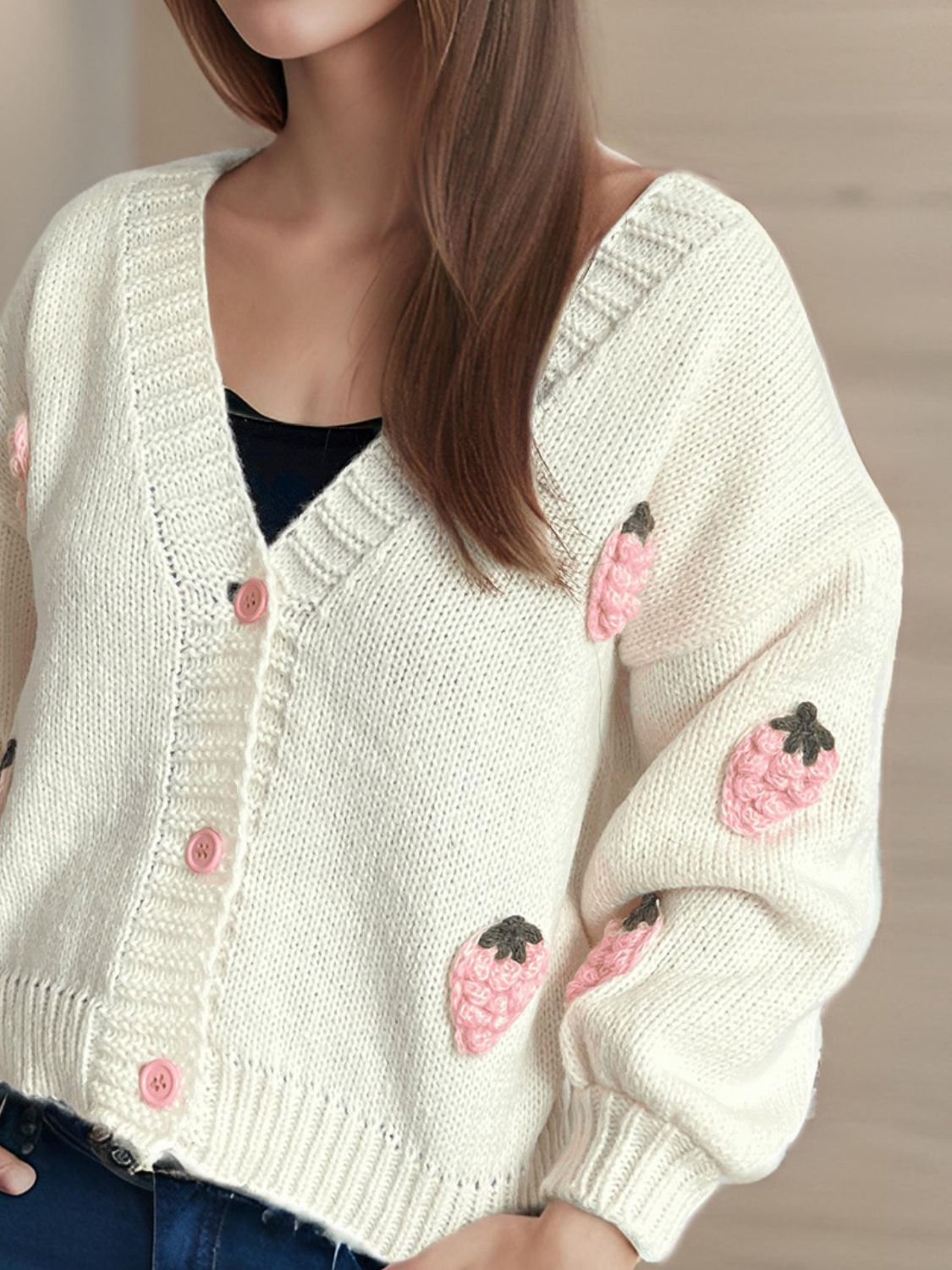 Crochet Strawberry V-Neck Long Sleeve Cardigan - Sydney So Sweet