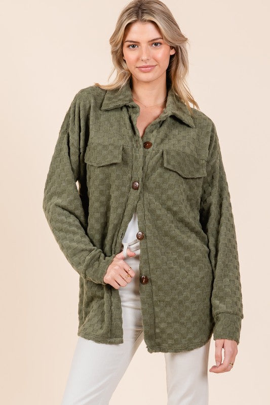 BOMBOM Checkered Button Down Dropped Shoulder Shacket - Sydney So Sweet