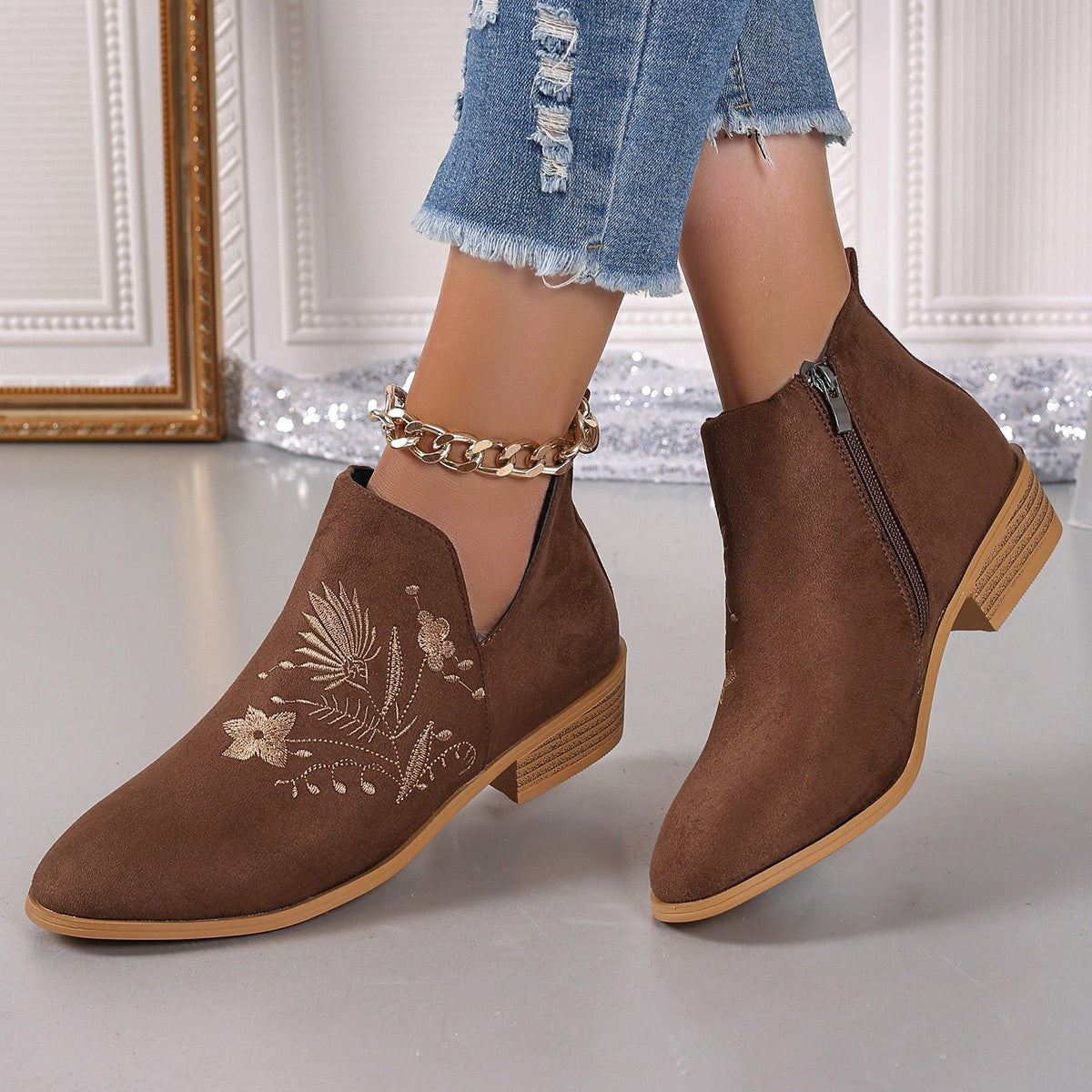 Embroidered Suede Point Toe Block Heel Boots - Sydney So Sweet