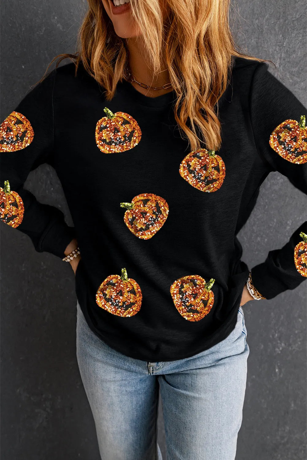 Sequin Pumpkin Round Neck Long Sleeve Top - Sydney So Sweet