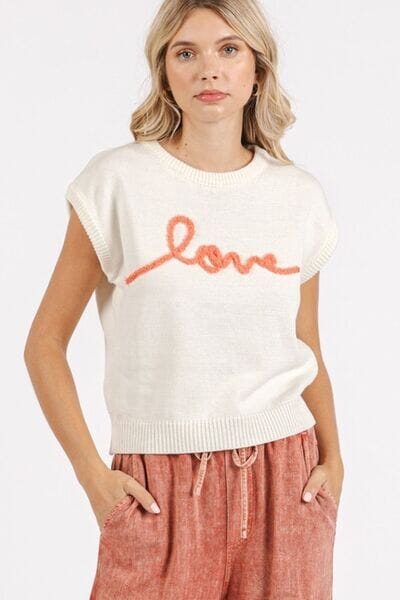 Mittoshop Contrast Letter Round Neck Cap Sleeve Knit Top - Sydney So Sweet