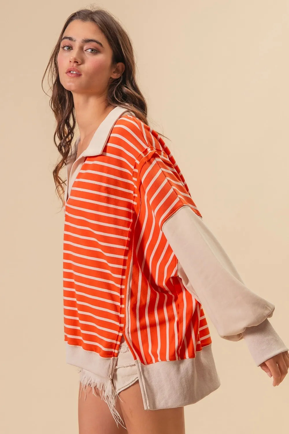 BiBi Stripe Knit Loose Fit Top With Cut Edge Detail - Sydney So Sweet