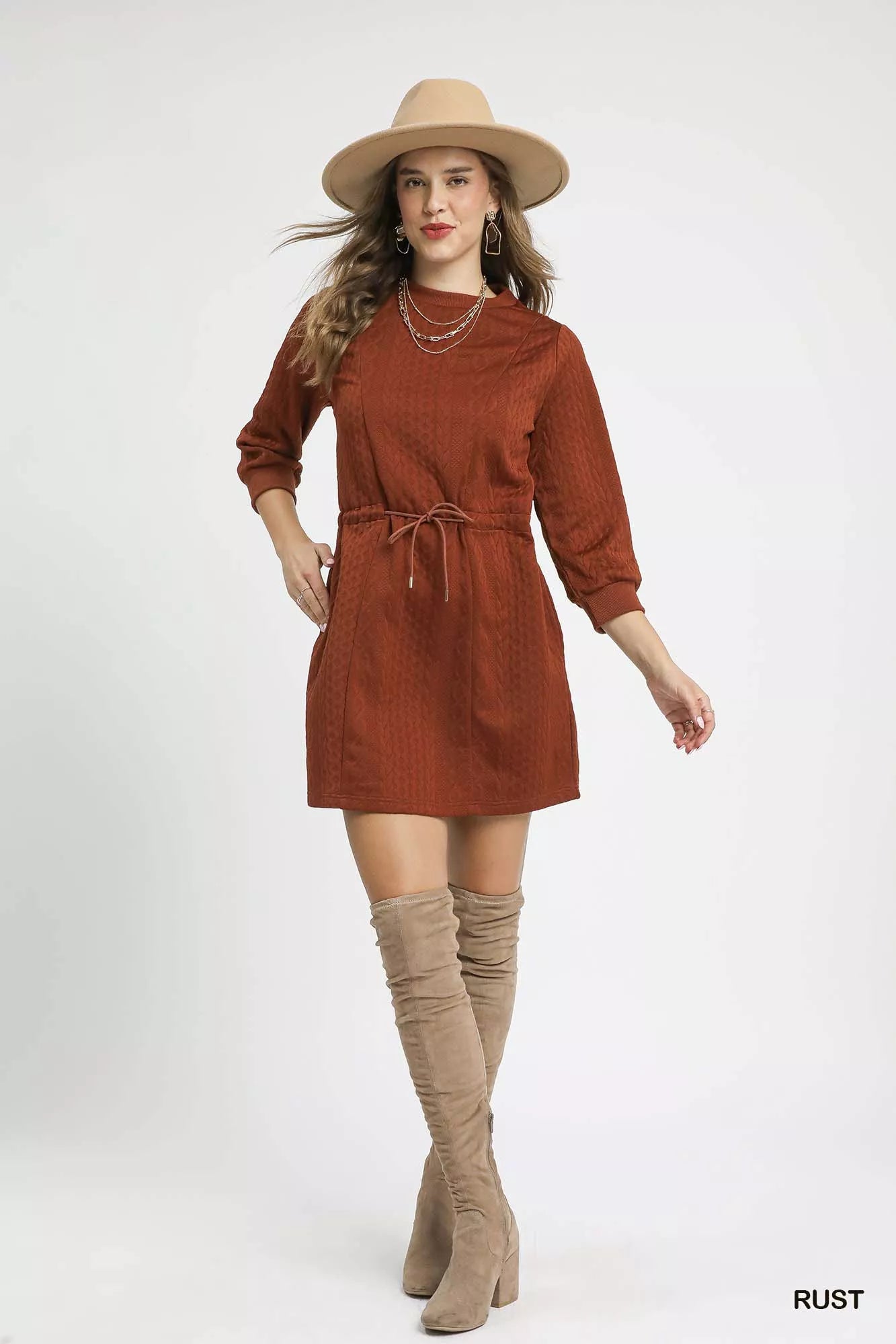 Umgee Drawstring Cable Knit Mini Dress with Pockets - Sydney So Sweet