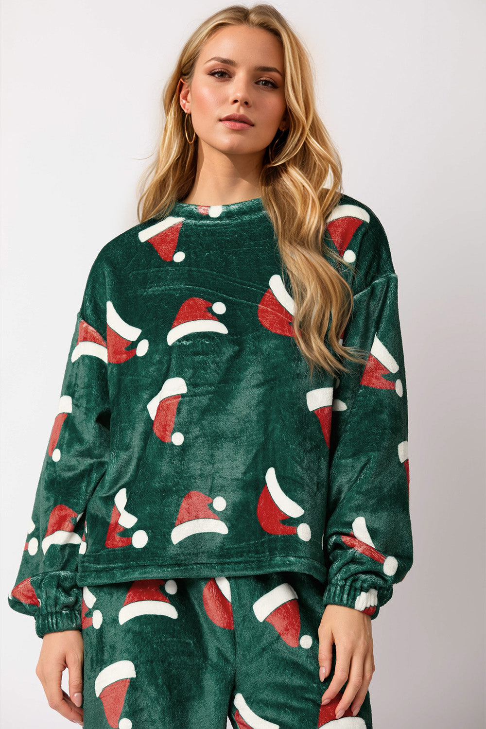 Christmas Hat Pattern Round Neck Long Sleeve Top and Pants Set - Sydney So Sweet