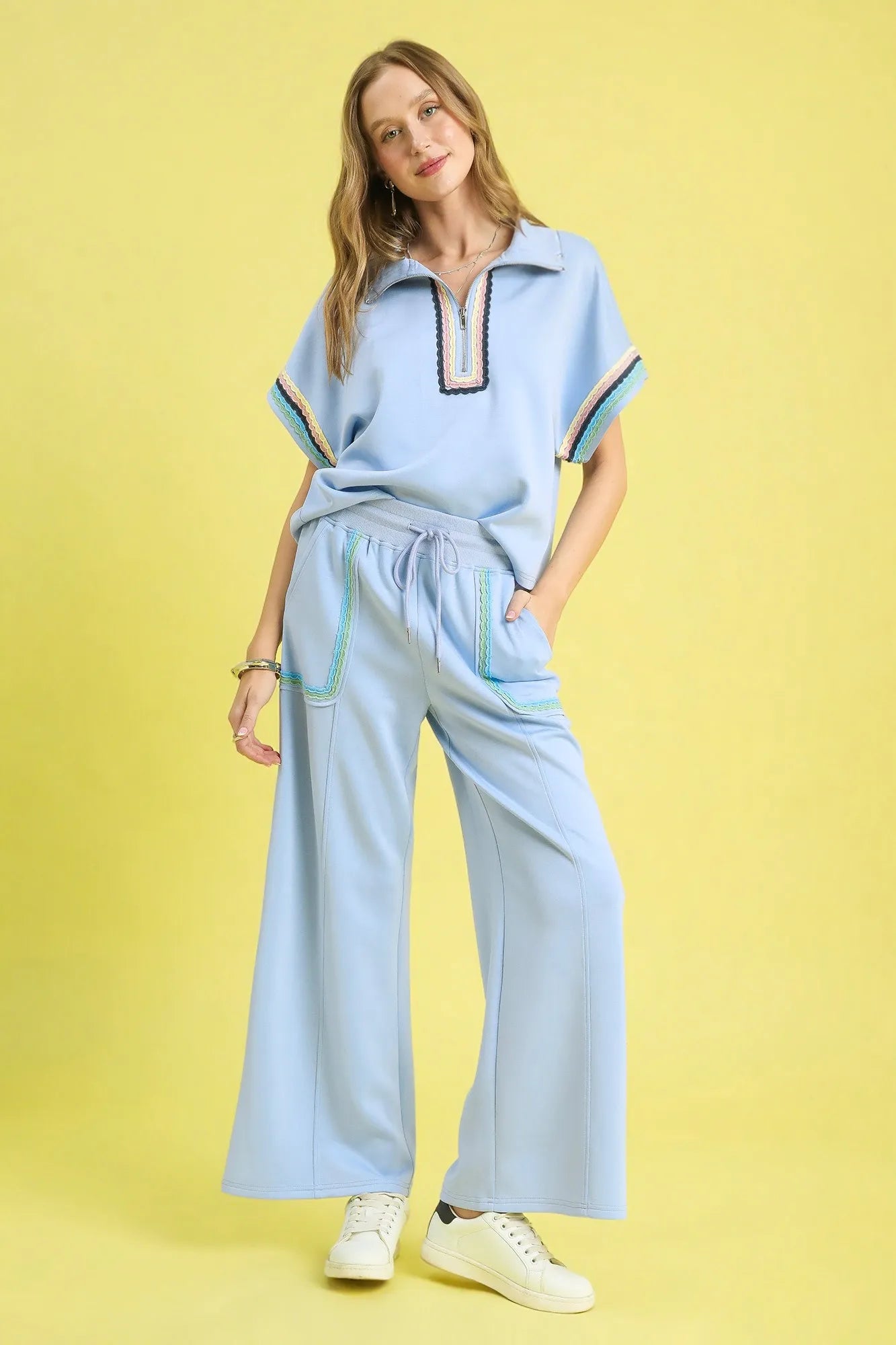 Umgee Drawstring Wide Leg Pants with Scallop Trim Detail - Sydney So Sweet