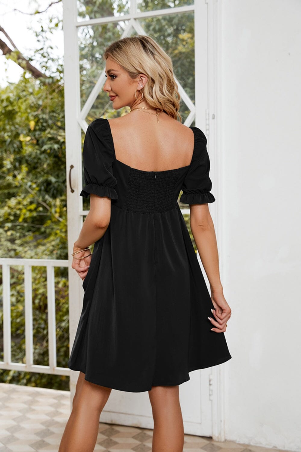 Ruched Square Neck Flounce Sleeve Mini Dress - Sydney So Sweet