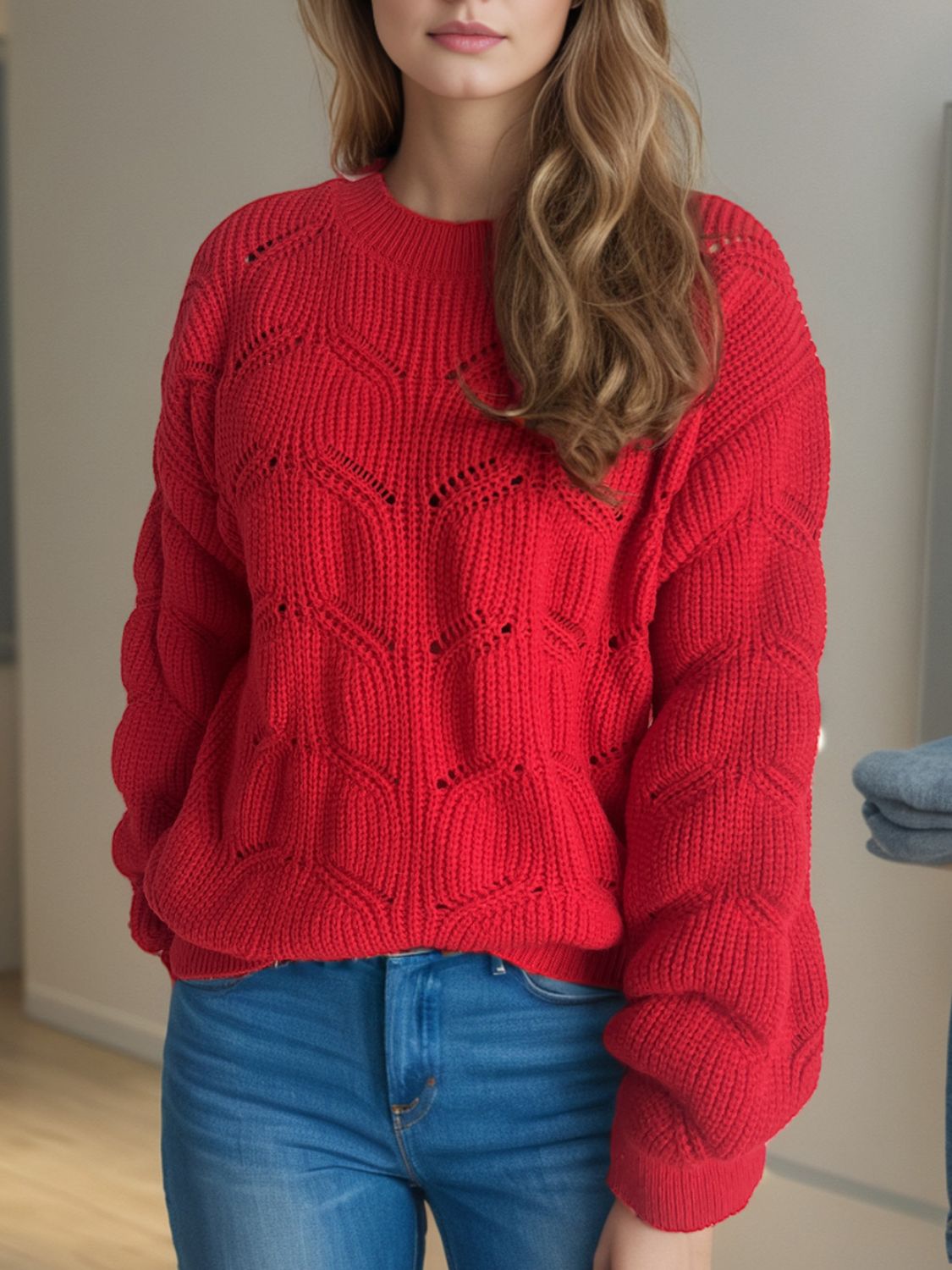 Openwork Round Neck Dropped Shoulder Sweater - Sydney So Sweet