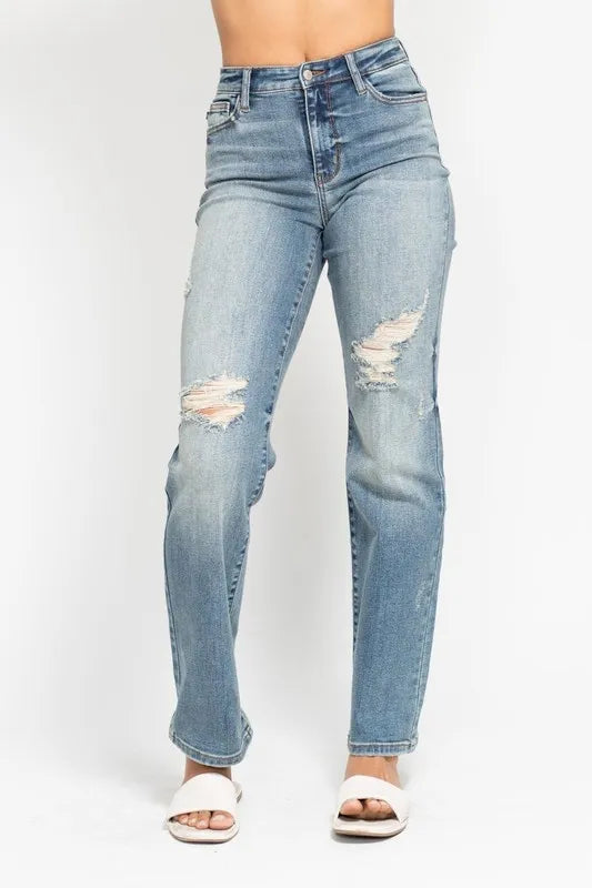 Judy Blue Full Size High Waist Distressed Dad Jean Plus Size - Sydney So Sweet