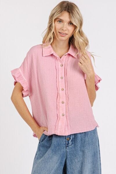 Mittoshop Mineral Washed Button Down Flounce Sleeve Shirt - Sydney So Sweet
