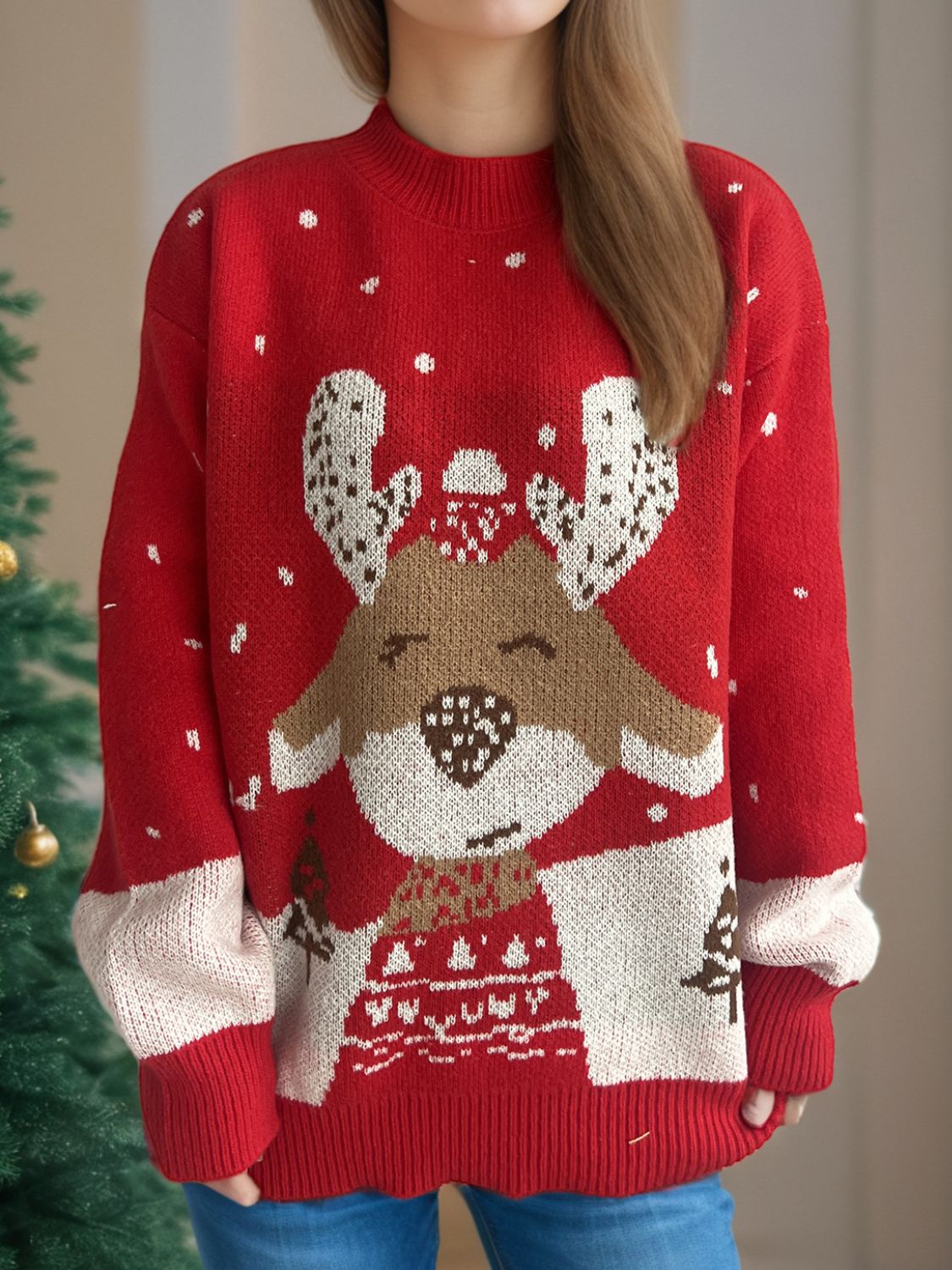 Reindeer Mock Neck Long Sleeve Sweater - Sydney So Sweet